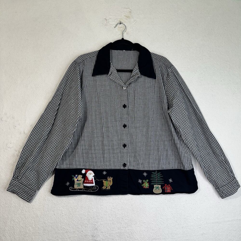 Cabin Creek Black/White Gingham Shirt Embroidered Santa Christmas Sleigh Large